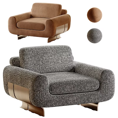 Modern Fabric Accent Chairs in Brown and Gray with Rounded Design and Wooden Legs 3d model