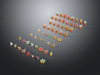 Colorful Small Plant Ornaments Arranged In Flowing Pattern On Black Background 3d model