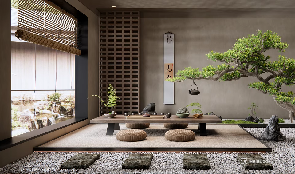 Japanese Tea Room Interior With Tatami Low Table Bamboo Blinds And Potted Plants 3d model 