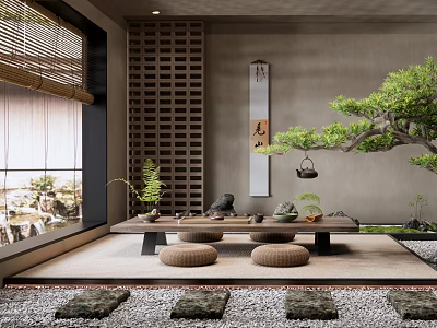 Japanese Tea Room Interior With Tatami Low Table Bamboo Blinds And Potted Plants 3d model