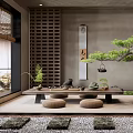 Japanese Tea Room Interior With Tatami Low Table Bamboo Blinds And Potted Plants