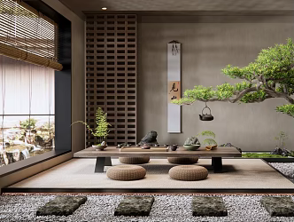 New Chinese Tatami Tea Room Tea Table and Chair Luohan Pine Landscape Sketch 3d model