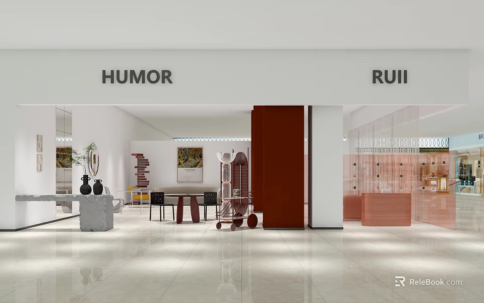 HUMOR RUII Modern Specialty Store Interior With Open Space Display Areas And Decorative Elements 3d model 