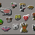 Colorful Assorted Cartoon Badges Featuring Animal Designs Human Made Logos And Food Icons