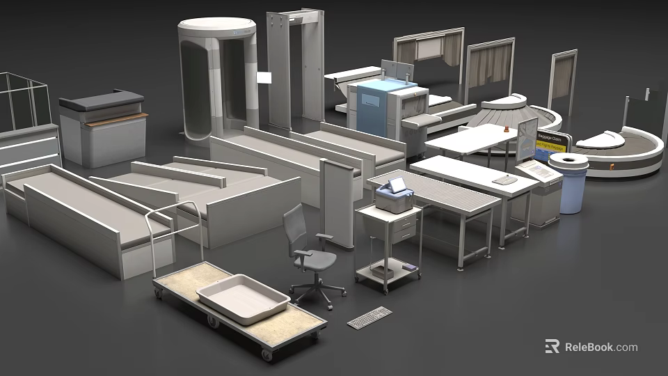 Public Facilities Featuring Security Check Equipment Tables Chairs And Service Carts 3d model 