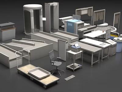 Public Facilities Featuring Security Check Equipment Tables Chairs And Service Carts 3d model