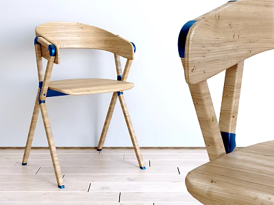 Wooden Dining Chair With Armrests Blue Accents And Modern Minimalist Design 3d model