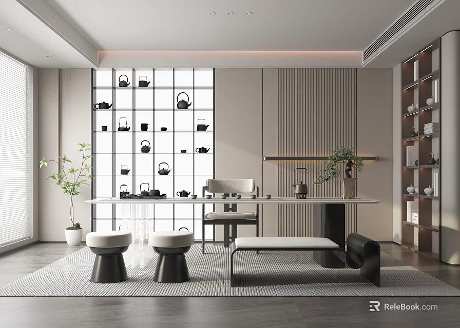 Modern Tea Room Interior With Tea Sets Display Seating And Plants 3d model