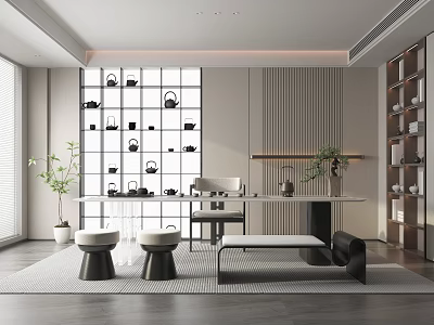 Modern Tea Room Interior With Tea Sets Display Seating And Plants 3d model