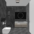 Modern Bathroom Interior With Round Mirror Glass Shower Gray Tiles Vanity And Ambient Lighting