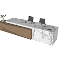 Modern Reception Desk With Marble Countertop Office Chairs Laptops Wooden Cabinet And Potted Plant