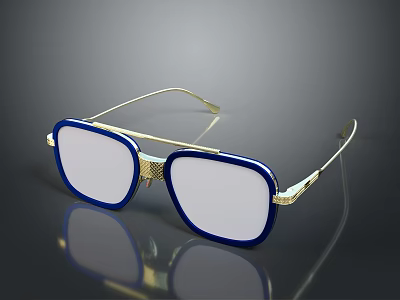 Stylish Square Frame Sunglasses With Blue Frame And Golden Temples White Lenses 3d model