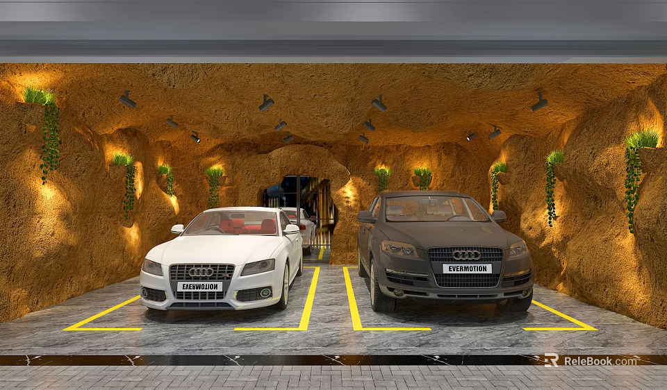 Luxury Parking Garage Featuring White Audi Sedan Black SUV Yellow Walls Decorative Plants And Lights 3d model 