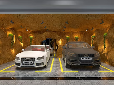 Luxury Parking Garage Featuring White Audi Sedan Black SUV Yellow Walls Decorative Plants And Lights 3d model
