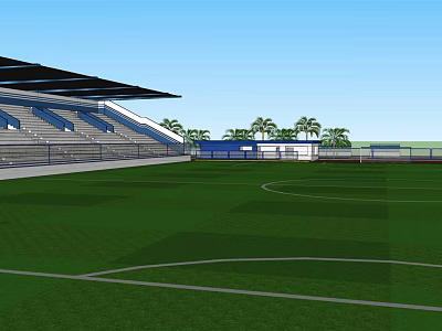 Outdoor Football Field With Green Turf Stadium Stands And Palm Trees Under Clear Blue Sky 3d model