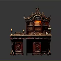 Vintage Carved Wooden Desk Setup With Open Book Candleholder And Decorative Bookshelf