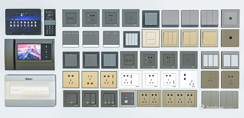 Modern Switch Panels With Various Designs Colors And Functional Socket Combinations 3d model 