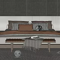 Modern Double Bed With Gray Striped Headboard Decorative Pillows Bench Throw Blanket And Area Rug