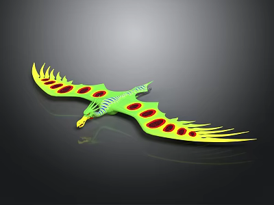 Green And Yellow Eagle Shaped Kite With Red Spotted Wings On Black Background 3d model