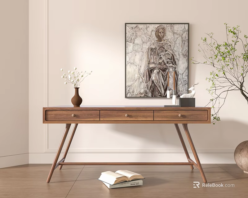 Modern Wooden Entryway Console Table With Walnut Drawers Vase And Wall Art Decor 3d model 