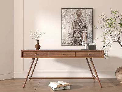 Modern Wooden Entryway Console Table With Walnut Drawers Vase And Wall Art Decor 3d model