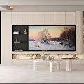 Modern TV Wall Design With White Panels Open Shelves And Natural Landscape Artwork