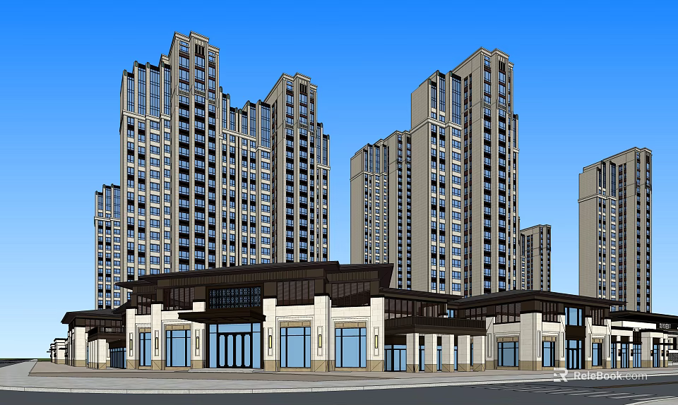 Modern High Rise Residential Towers With Commercial Podium And Glass Curtain Facade 3d model 