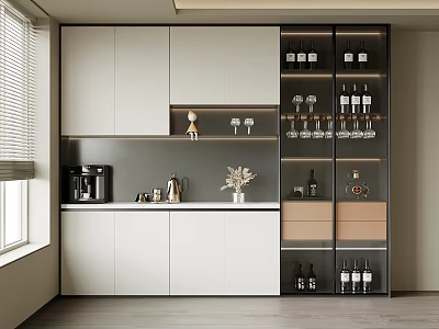 Modern Wine Cabinet Interior Design With Glass Shelves Bottles And Wine Glasses 3d model
