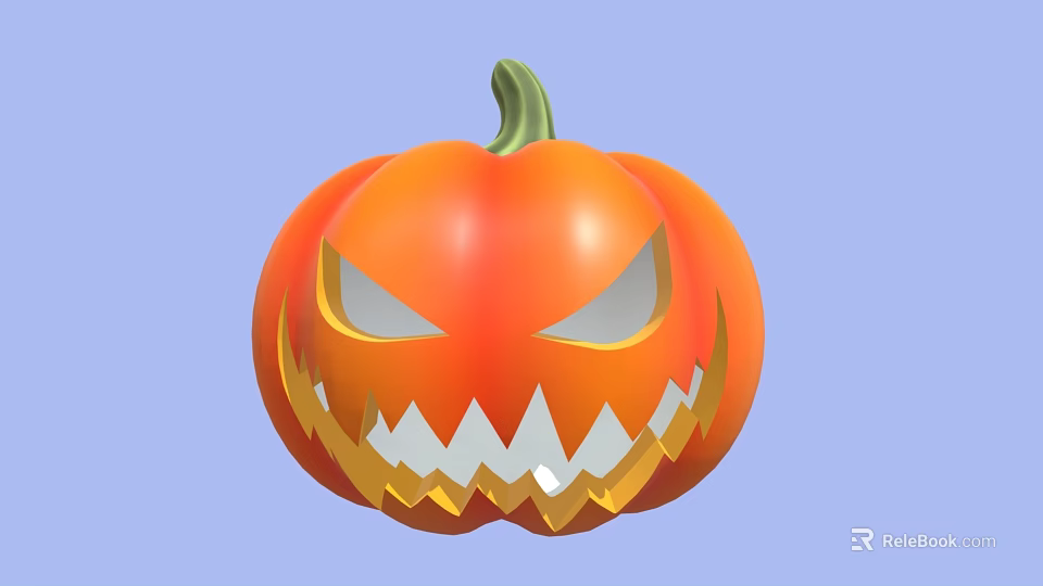 Cartoon Halloween Pumpkin Lantern Scary Face Sharp Teeth Green Stem On Light Blue Background 3d model 