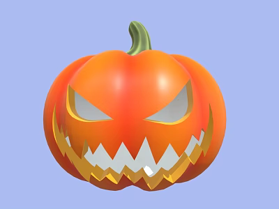 Cartoon Halloween Pumpkin Lantern Scary Face Sharp Teeth Green Stem On Light Blue Background 3d model