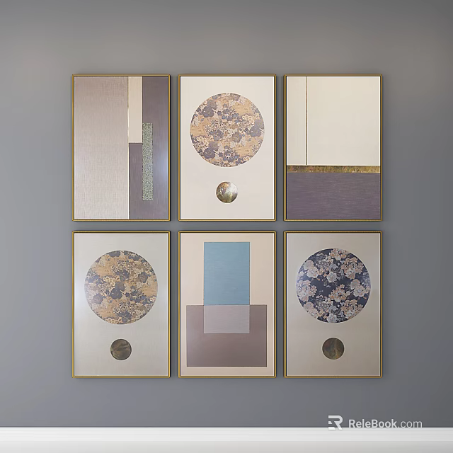 Six Abstract Paintings With Golden Frames Featuring Circular Patterns And Color Blocks 3d model