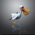 Cartoon Pelican With White Body Blue Wings Large Yellow Beak Orange Feet And Red Eyes