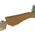 Wooden Landscape Seating With Wavy Design Near Small Table And Potted Plant
