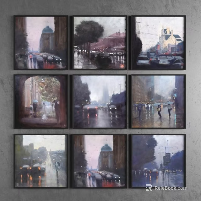 Urban Landscape Paintings With Rainy Day Street Scenes Pedestrians Umbrellas And Buildings 3d model 