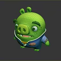 Green Pig 3D Game Movie Character With Blue Outfit Red Logo And Angry Expressions