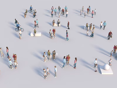 Many people in various activities cycling standing with children on white background 3d model