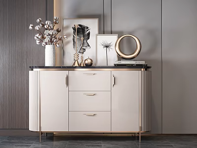 Elegant Modern Console Table With Light Colored Cabinet Golden Legs Drawers And Decorative Ornaments 3d model