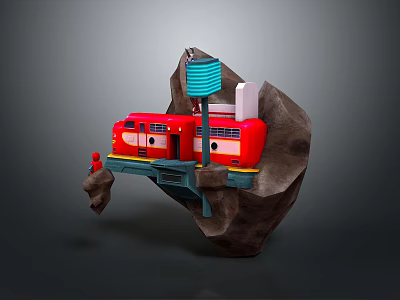 Red Cabin Structure On Rock Platform With Blue Antenna And Support Frame 3d model