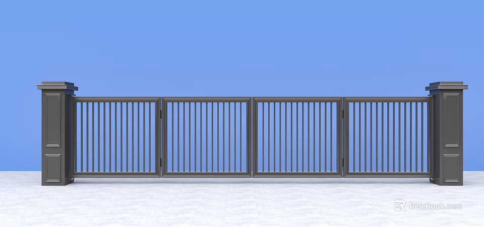 Modern Slatted Gray Folding Doors Design With Blue Background And Open View 3d model