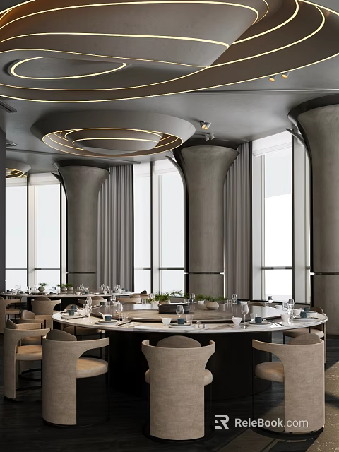 Elegant Private Dining Room with Round Table Large Windows and Modern Lighting 3d model