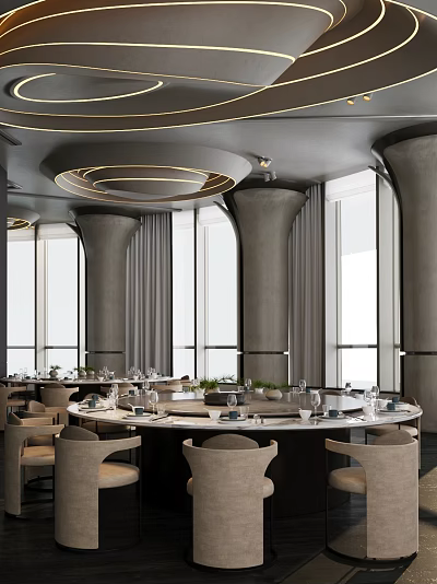 Elegant Private Dining Room with Round Table Large Windows and Modern Lighting 3d model