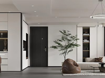 Modern Open Living Dining Room Interior With Sofa Green Plant Storage Cabinets And Pendant Light 3d model