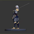 White Haired Female Warrior With Long Sword Blue Gold Armor In Combat Stance On Round Base