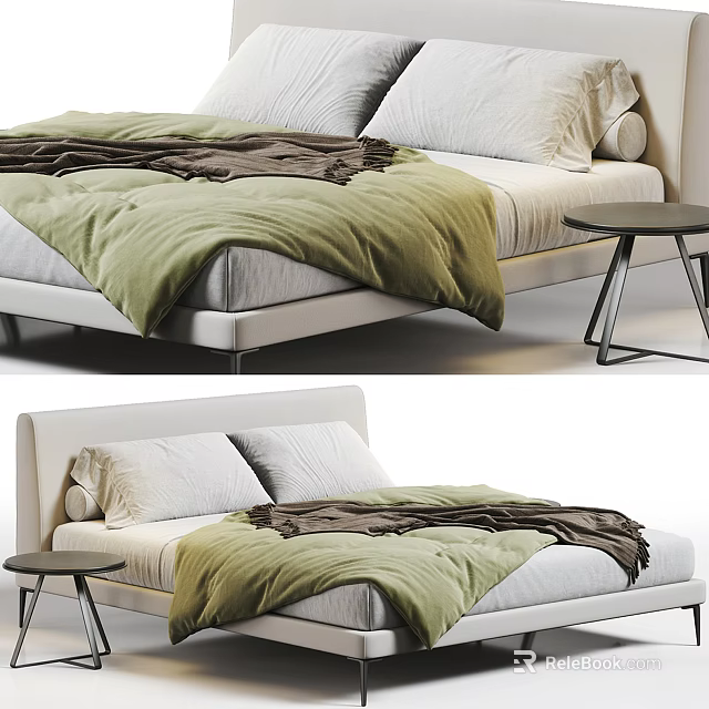 Modern Double Bed With White Pillows Green Brown Blankets Light Headboard And Small Side Table 3d model