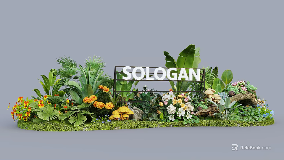 Vibrant Floral Display With Black Frame SLOGAN Text Green Leaves Mushroom Decor And Colorful Blooms 3d model 