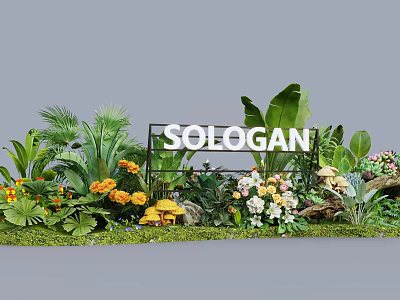 Vibrant Floral Display With Black Frame SLOGAN Text Green Leaves Mushroom Decor And Colorful Blooms 3d model