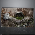 Ancient Stone Arch Structure With Green Water Moss Stones And Rough Wall