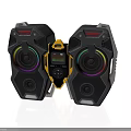 Modern Black And Yellow Electronic Speakers With Colorful Ring Lights And Central Control Panel