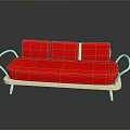 Red Sofa With Three Red Cushions Curved Light Wooden Armrests And Legs Modern Design