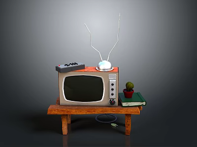 Vintage TV With Antenna On Wooden Table Remote Control Potted Plant And Books 3d model